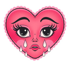 Stylized heart is showing sad face in flat design, with tear droplets on transparent background