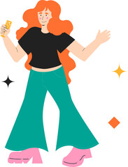 Flat design showing red-haired woman holding champagne flute and sparkles, transparent background