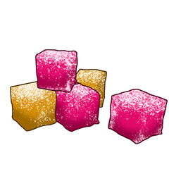 Displaying cluster of speckled candy cubes in 3D render style with transparent background