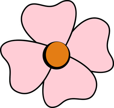 Cartoon pink flower is showing five pastel petals and orange center, flat on transparent background