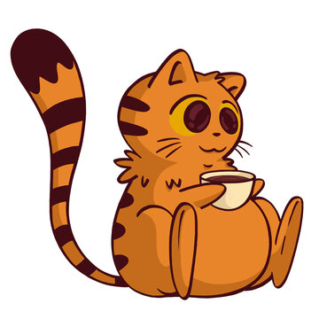 Fototapeta Flat design orange tabby cat is sitting upright holding mug with hot coffee, transparent background