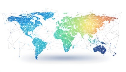 Global network map with colorful polygonal shapes.