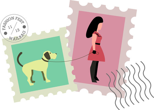 Fototapeta Overlapping stamps are floating on clear backdrop, mint green dog and pink owner linked by leash