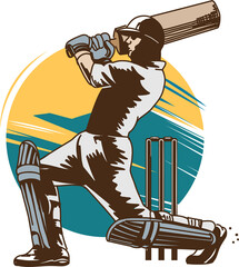 Cricket batsman is swinging bat in flat style with helmet, stumps, circle on transparent canvas