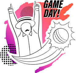 Sticker graphic is showing man cheering with cricket ball bursting starburst transparent background