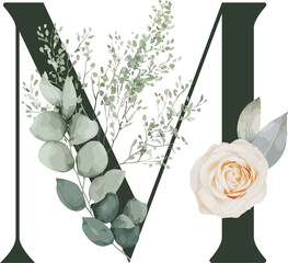 Displaying flat monogram M with eucalyptus, foliage sprig, peach rose on transparent background