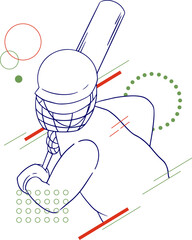 Line-art cricket batsman is raising bat high on transparent background with abstract shapes