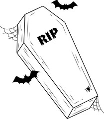 Hand-drawn coffin is tilting on transparent background and is showing RIP text, bats, webs, spider