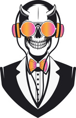 Vector showing horned skull wearing dripping sunglasses and headphones on transparent, copy space