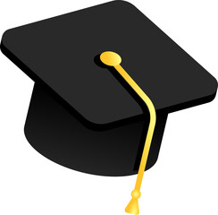 Graduation cap is floating in 3D render with gold tassel over transparent background, copy space