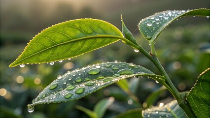 Morning dew glistens on green tea leaves in a serene hillside plantation during sunrise
