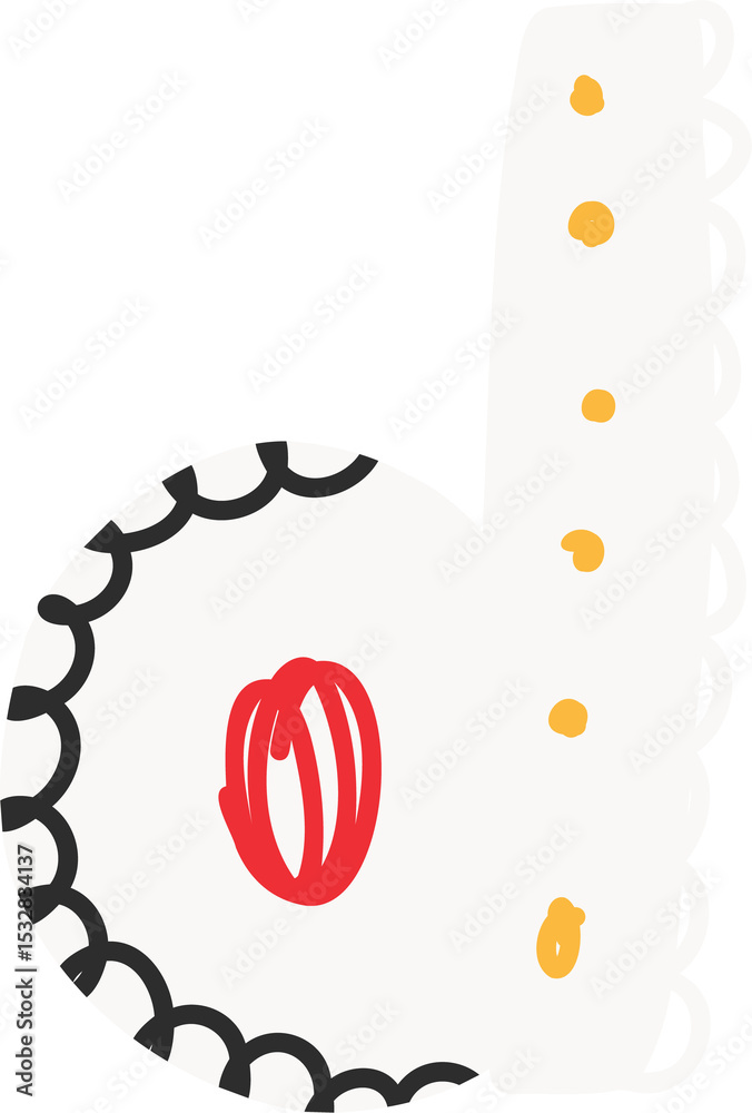 Poster flat design b-shape is showing scalloped edges, red scribble and yellow dots on transparent backing