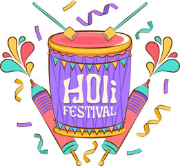 Flat vector art is showing Holi drum, pichkaris and confetti on transparent background, copy space