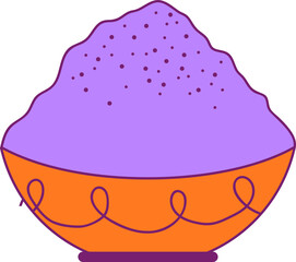 Displaying flat orange bowl with purple outline and swirl holding purple granules on clear backdrop