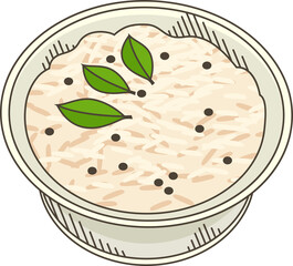 Showing cartoon bowl holding rice with peppercorn dots and three green leaves, transparent backdrop
