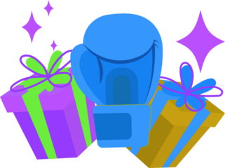 Displaying flat blue boxing glove with purple,gold gifts, purple sparkles on transparent background