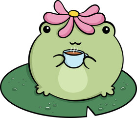 Green frog is sitting on lily pad with dew, holding blue cup, in flat, transparent background