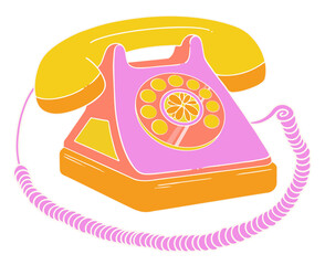 Flat design retro telephone is showing handset, citrus dial, pink cord, transparent background