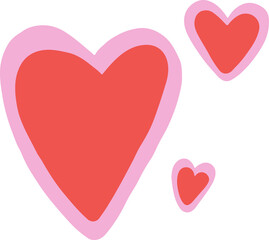 Displaying three flat hearts on transparent background, featuring red fill and pink border