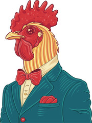 Gentleman rooster is wearing teal jacket and red bow tie in flat cartoon, transparent background