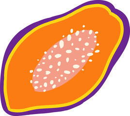 Stylized papaya slice is floating in flat design with vibrant seed pattern, transparent background