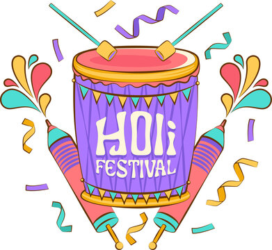 Flat vector art is showing Holi drum, pichkaris and confetti on transparent background, copy space