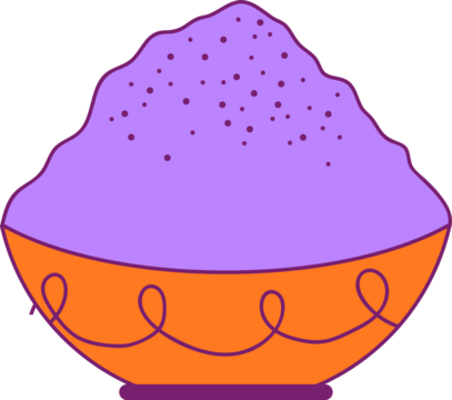 Displaying flat orange bowl with purple outline and swirl holding purple granules on clear backdrop