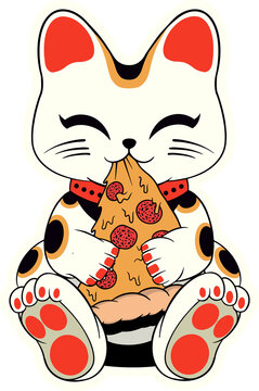 Fototapeta Cartoon calico cat is biting pepperoni slice wearing red dot collar, transparent, copy space