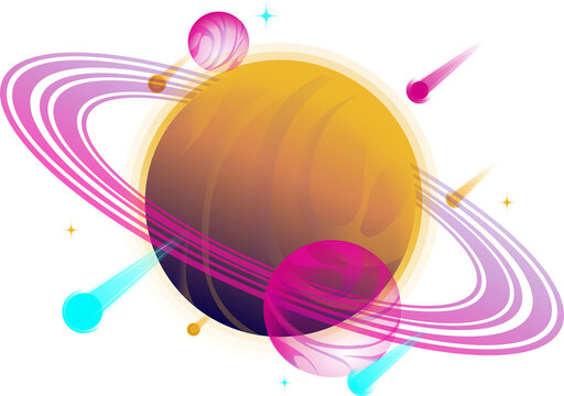 Naklejki Vector ringed planet is glowing with magenta rings, pink moons, cyan comets on transparent backdrop