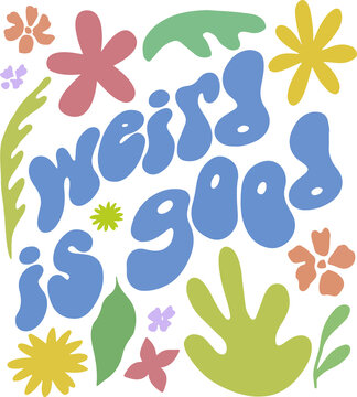 Stylized 'mermaid is good' is floating over botanical blobs in flat design on transparent field