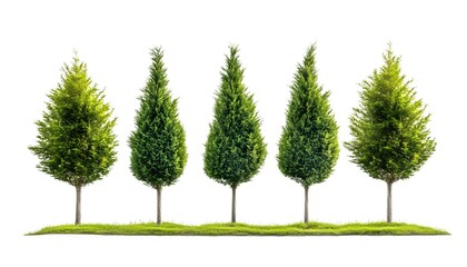 Four small trees on a grassy area.