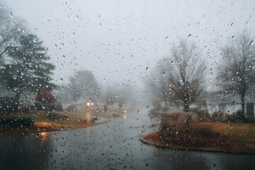 Rainy day view through a window with raindrops, showcasing a tranquil street scene. The scene is muted by the weather, emphasizing the somber mood