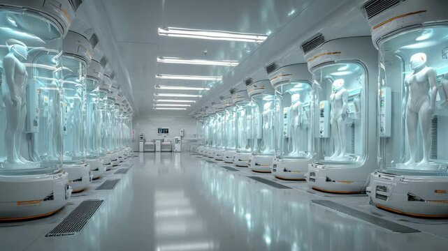 sci-fi fantasy theme futuristic laboratory robot factory with robots in capsules