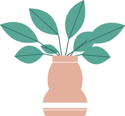 Flat vector graphic is showing houseplant with teal leaves and peach vase on transparent background