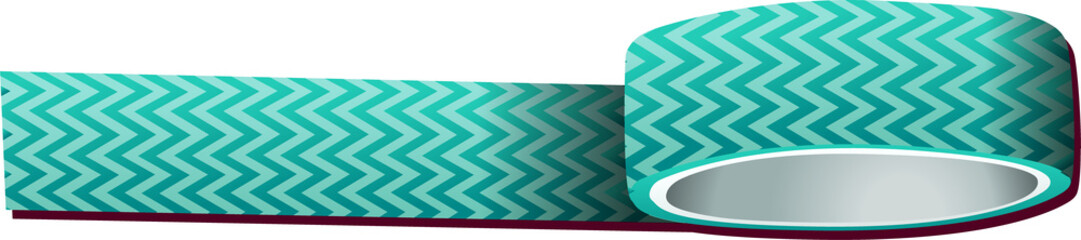 Roll of teal and white chevron tape is curving into loops, flat design, transparent background