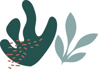 Abstract shapes are floating in flat style with transparent background, coral dashes, mint leaves