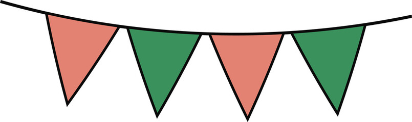 Flat pennant banner is hanging on rope with coral and green triangles on transparent background