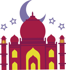 Vector-style mosque is showing red onion domes, minarets, crescent moon  and  stars, clear backgroun