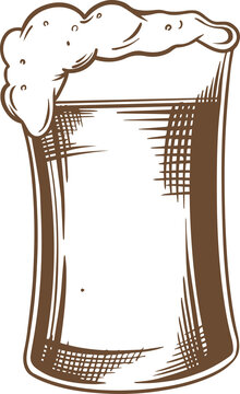 Naklejki Beer glass brown line sketch is showing amber liquid with frothy foam head, transparent background