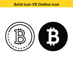 Obraz premium Bitcoin cryptocurrency icon comparison of solid icon and outline icon with black and white