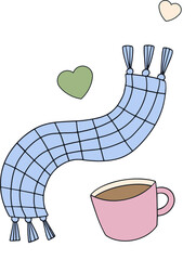 Flat-style design showing pink mug alongside blue scarf and floating hearts on transparent backdrop