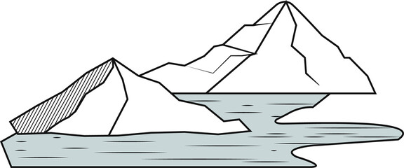 Hatched mountain peaks are reflecting on water in minimalist line art, transparent background