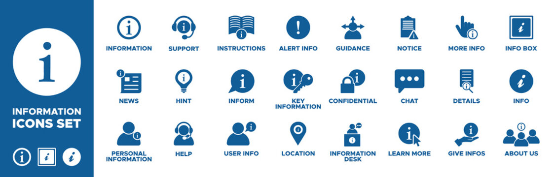 Information icon set. news, personal information, help, hint, support, instructions, inform, user info, location, key information, alert info icons. Solid icon collection. Vector illustration.