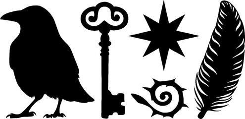 Gothic elements with crow silhouette, ancient key, feather, and star shapes for design