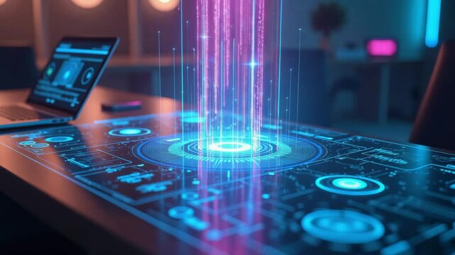 Futuristic holographic interface in neon blue and purple colors, digital user interface projected from smart desk, symbolizing advanced technology and innovation