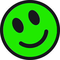 Neon green emoticon is showing black oval eyes and smile in flat design on transparent background