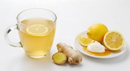 Healthy Sip: A revitalizing still-life of homemade ginger lemon tea, featuring fresh ingredients: a steaming cup, zesty lemons, and a raw ginger.