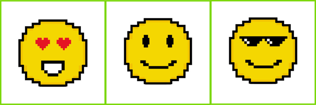 Three pixel emoticons are displaying heart-eyes smile sunglasses on transparent layer, copy space