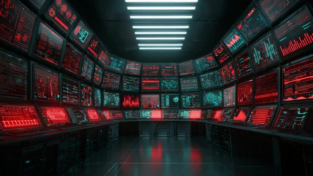 retro futuristic room full of many screens, data showing on screen - Powered by Adobe