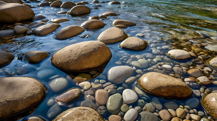 Obraz premium A serene Japanese-style garden pool with shallow, motionless water revealing neatly arranged light-grey and white pebbles below, with reflections of bamboo above